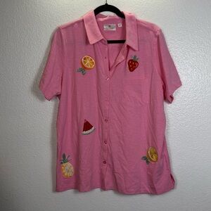Quacker Factory Pink Fruit‎ Embroidered Button Down Shirt